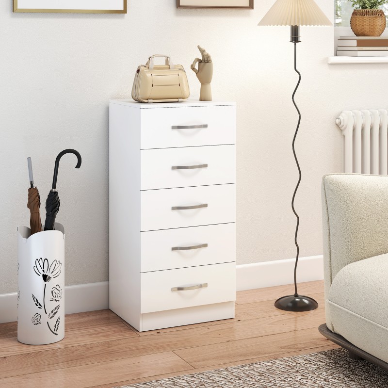 Lipasto 5 laatikkoa vaatteille ja kodin tavaroille, lastulevy, 40 x 35 x 85 cm, valkoinen