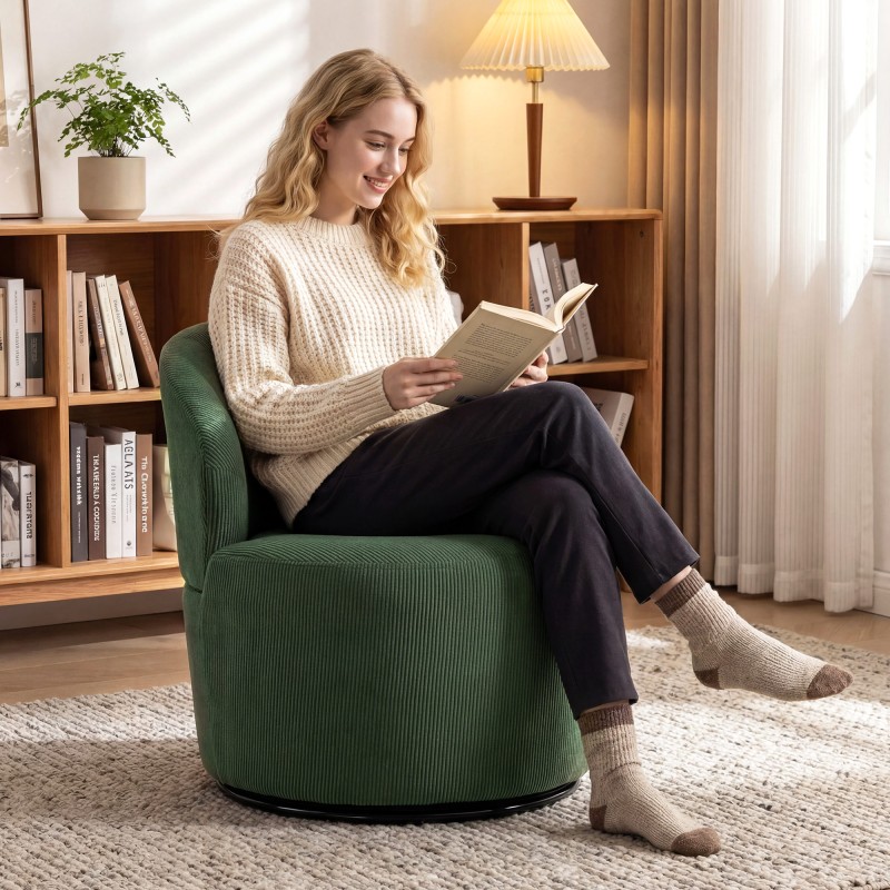 Pyörivä lepotuoli olohuoneeseen ja makuuhuoneeseen, cord-verhoilu, vihreä