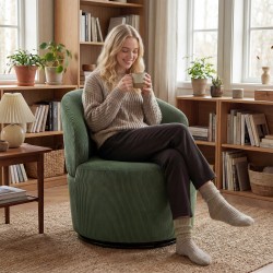 Pyörivä lepotuoli olohuoneeseen ja makuuhuoneeseen, cord-verhoilu, vihreä