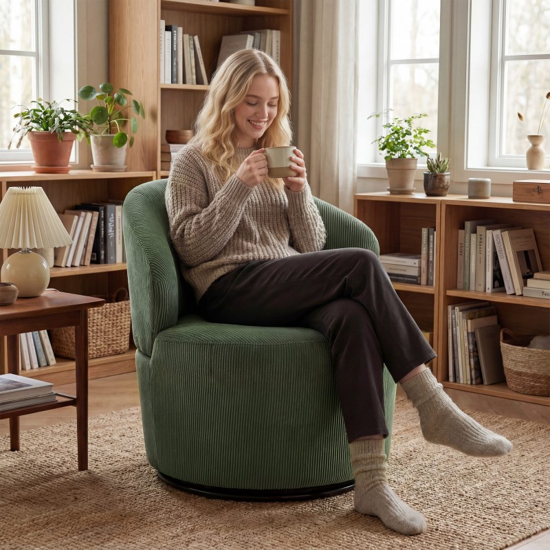 Pyörivä lepotuoli olohuoneeseen ja makuuhuoneeseen, cord-verhoilu, vihreä