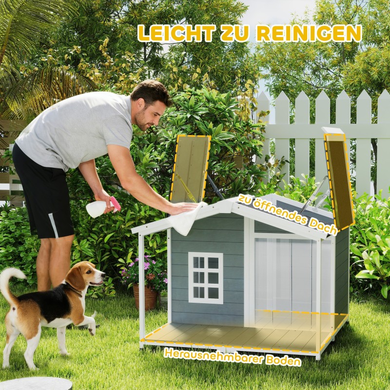 Koirankoppi ulkokäyttöön keskikokoisille koirille, kuusipuu, asfalttikatto, terassi, 103x107x83,5 cm, harmaa-valkoinen-musta