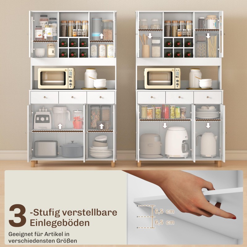 Keittiökaappi kahdella lasiovella, 3 laatikkoa, viiniteline, lastulevy, 100x40x180 cm, valkoinen