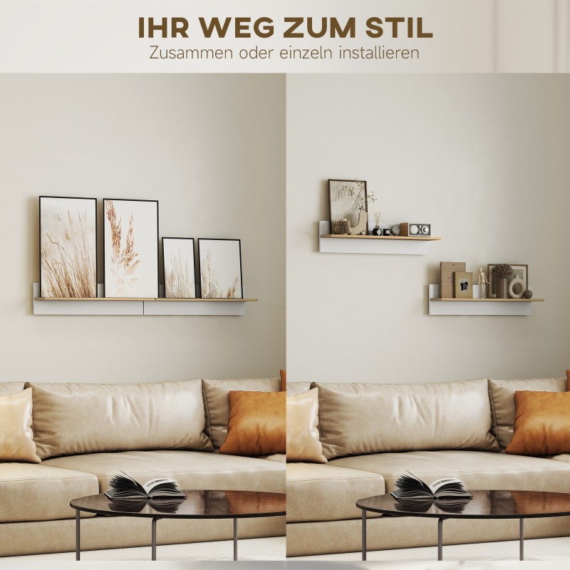 Seinähyllyt 2 kpl, leijuhyllysetti keittiöön ja olohuoneeseen, lastulevy, 80 x 16,5 x 20 cm, valkoinen/luonnonpuu