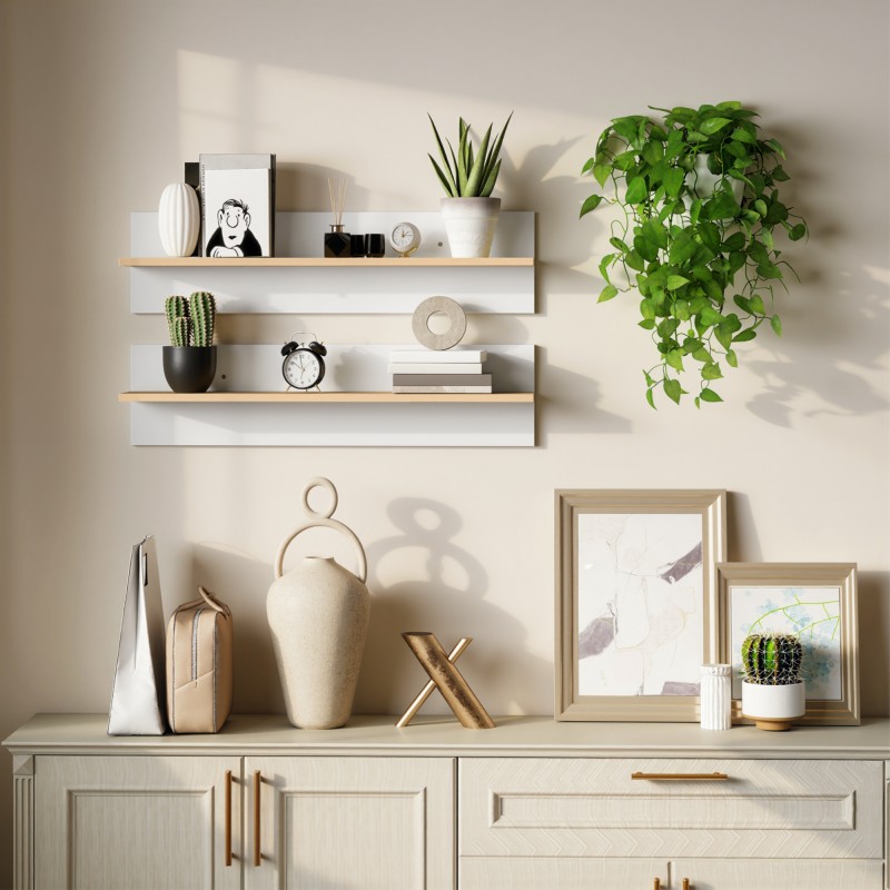 Seinähyllyt 2 kpl, leijuhyllysetti keittiöön ja olohuoneeseen, lastulevy, 80 x 16,5 x 20 cm, valkoinen/luonnonpuu