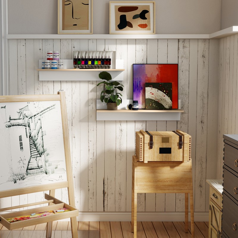 Seinähyllyt 2 kpl, leijuhyllysetti keittiöön ja olohuoneeseen, lastulevy, 80 x 16,5 x 20 cm, valkoinen/luonnonpuu