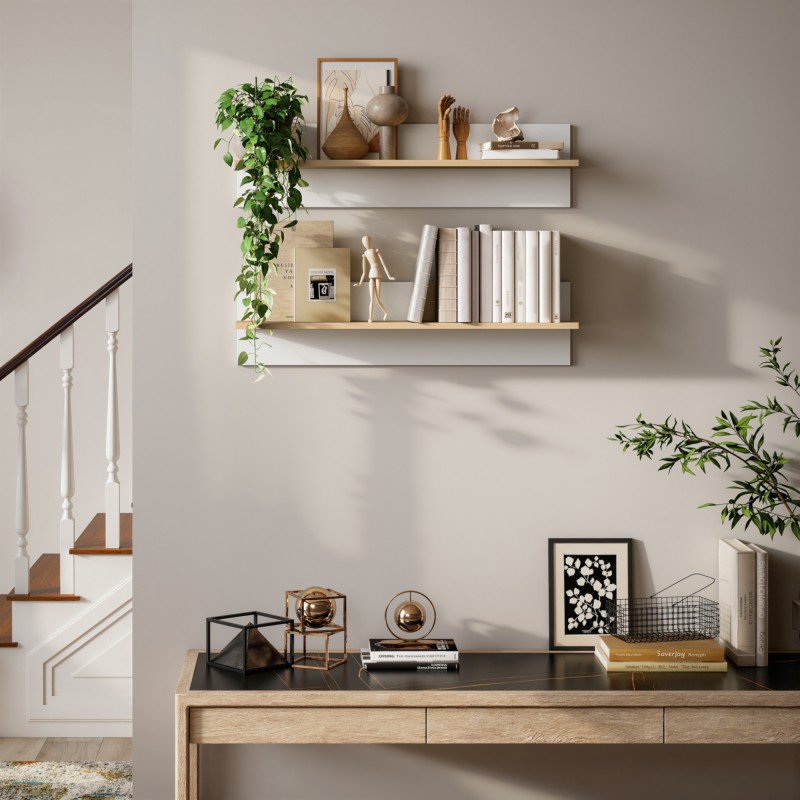 Seinähyllyt 2 kpl, leijuhyllysetti keittiöön ja olohuoneeseen, lastulevy, 80 x 16,5 x 20 cm, valkoinen/luonnonpuu