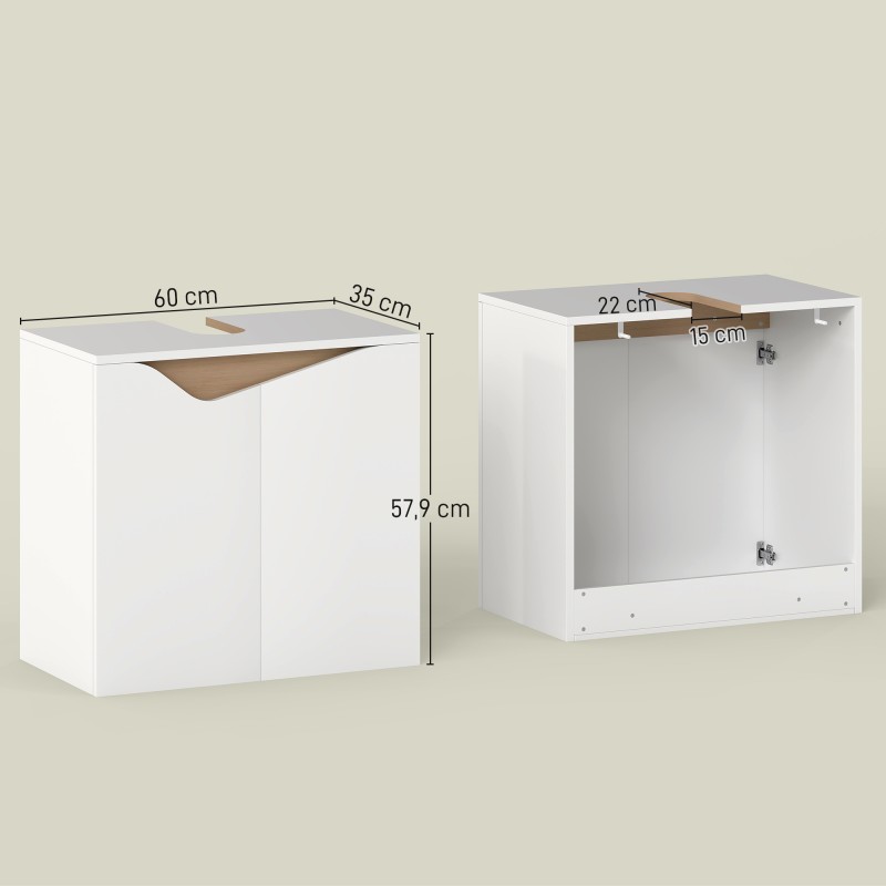 Kylpyhuonekaappi altaan alle soft close -ovilla, lastulevy/MDF, 60 x 35 x 57,9 cm, valkoinen + luonnonpuu