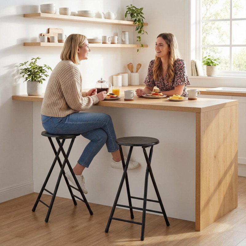 Baarituoli 2 kpl setti, kokoontaitettava, teräsrunko ja MDF-istuin, 34 x 30 x 70 cm, musta