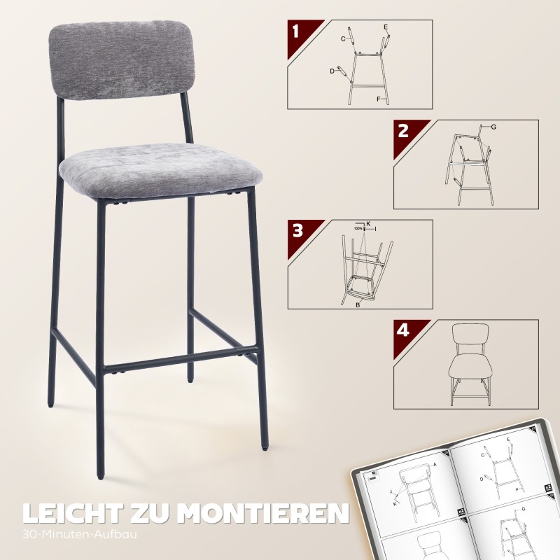 Baarituolit keittiösaarekkeelle, 2 kpl, chenillekangas ja teräs, istuinkorkeus 72,5 cm, harmaa
