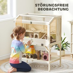 Hamsterihäkki kahdella tasolla ja säilytyskaapilla, kuusipuu ja PET, 84 x 53 x 110 cm, luonnonpuu