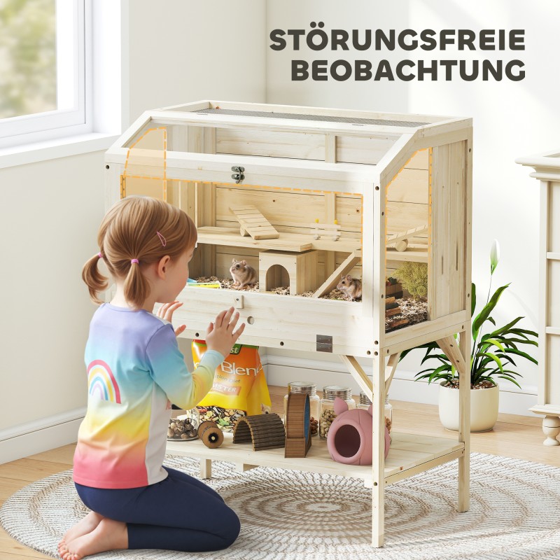 Hamsterihäkki kahdella tasolla ja säilytyskaapilla, kuusipuu ja PET, 84 x 53 x 110 cm, luonnonpuu