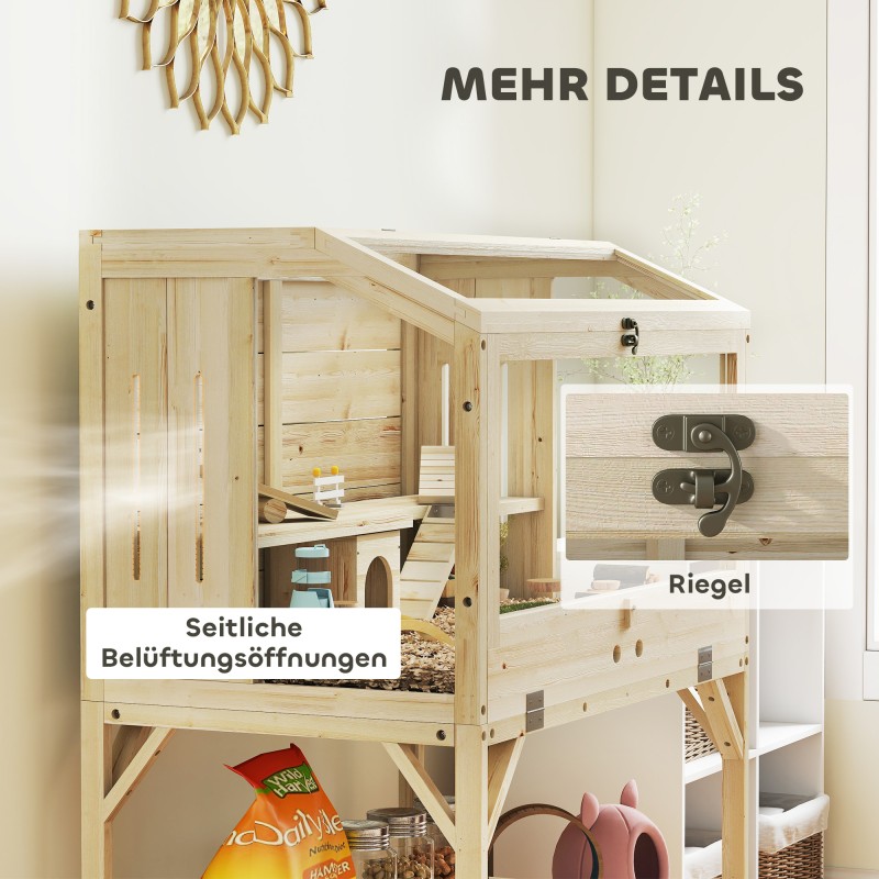 Hamsterihäkki kahdella tasolla ja säilytyskaapilla, kuusipuu ja PET, 84 x 53 x 110 cm, luonnonpuu