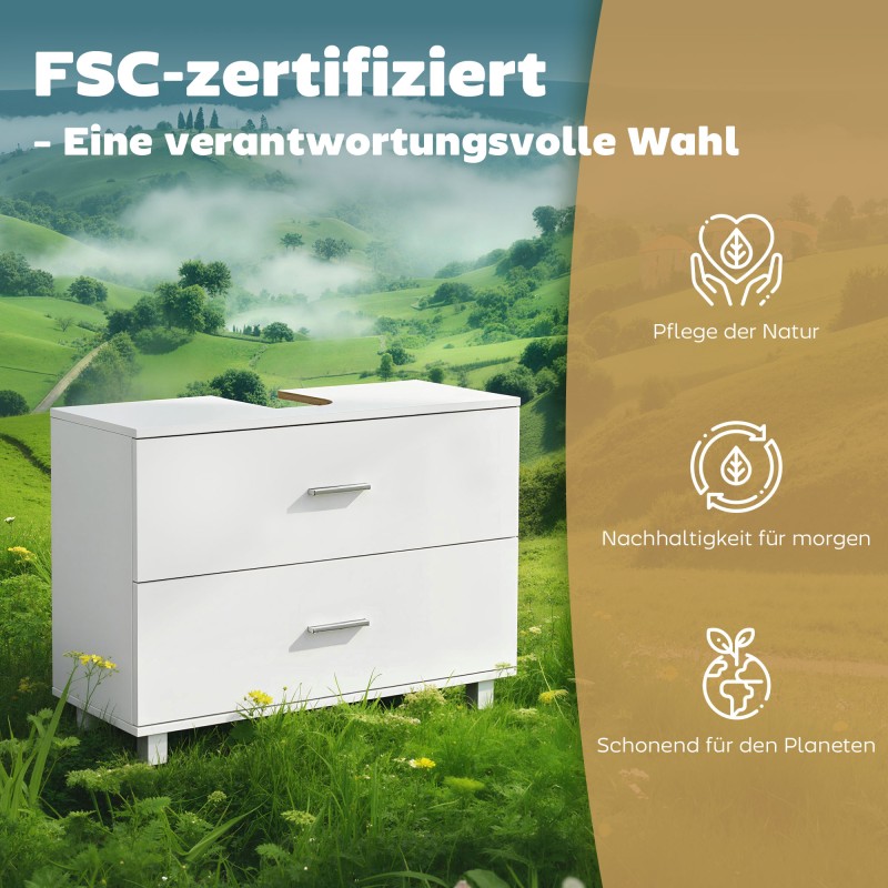 Allaskaappi kylpyhuoneeseen 80x30x60 cm, 2 laatikkoa, U-aukko jalustattomalle altaalle, valkoinen