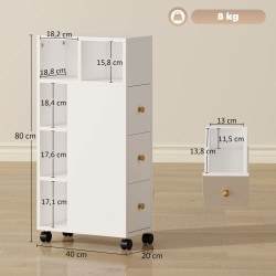 Kylpyhuonekaappi kapea 20x40x80 cm, 3 laatikkoa, 5 avointa hyllyä, pyörillä, valkoinen