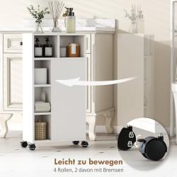 Kylpyhuonekaappi kapea 20x40x80 cm, 3 laatikkoa, 5 avointa hyllyä, pyörillä, valkoinen