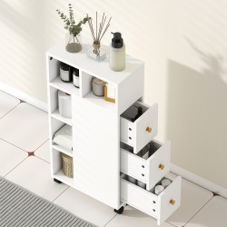 Kylpyhuonekaappi kapea 20x40x80 cm, 3 laatikkoa, 5 avointa hyllyä, pyörillä, valkoinen