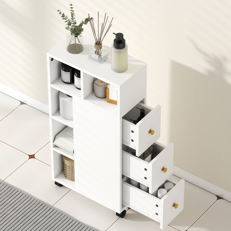 Kylpyhuonekaappi kapea 20x40x80 cm, 3 laatikkoa, 5 avointa hyllyä, pyörillä, valkoinen