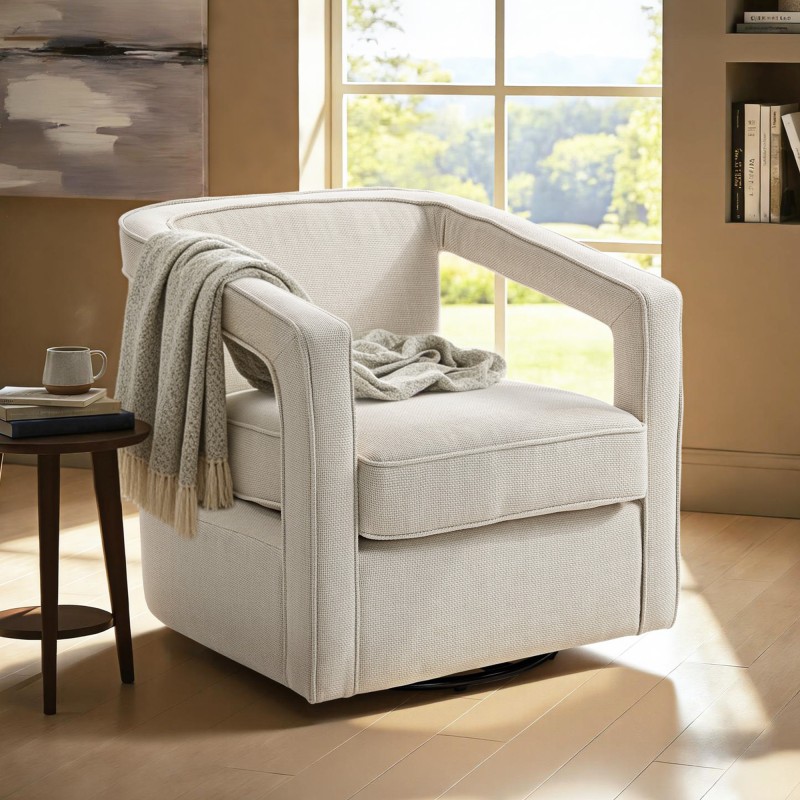 Nojatuoli olohuoneeseen, 360° kääntyvä jalusta, pellavatyylinen kangas, 75 x 77 x 72 cm, beige