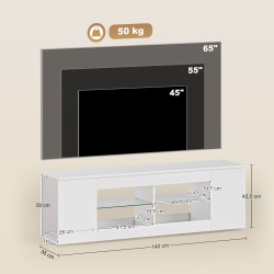 TV-taso 140 cm, jopa 65” TV:lle, 6 lokeroa, 2 lasihyllyä, puupohjainen, valkoinen