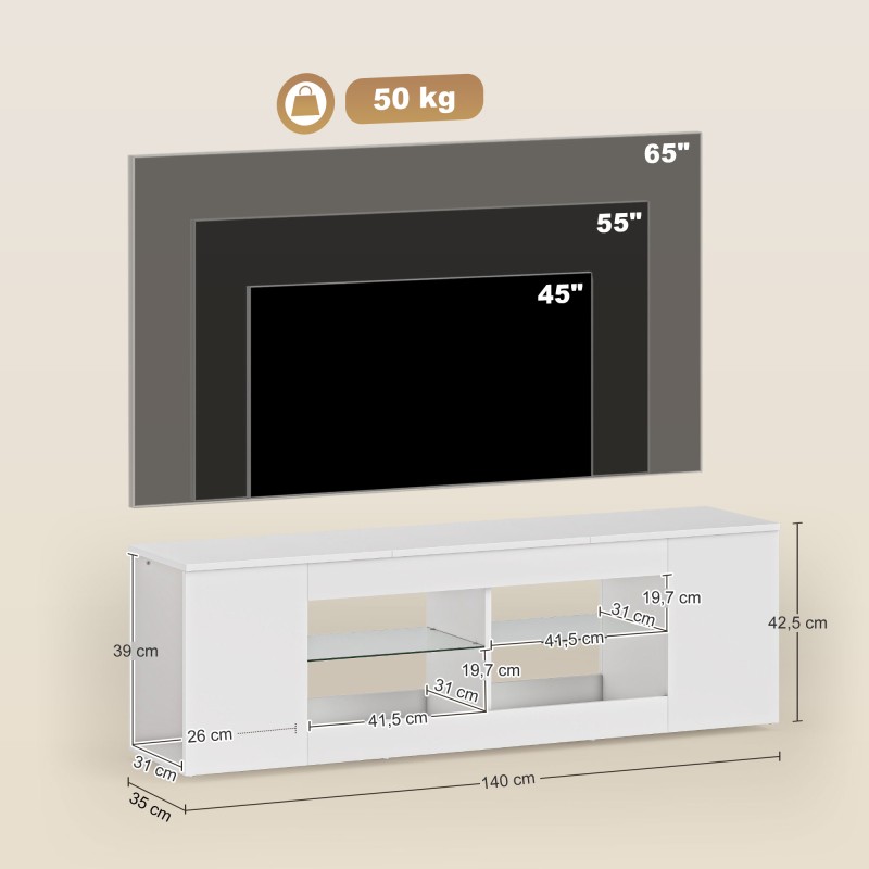 TV-taso 140 cm, jopa 65” TV:lle, 6 lokeroa, 2 lasihyllyä, puupohjainen, valkoinen