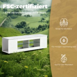 TV-taso 140 cm, jopa 65” TV:lle, 6 lokeroa, 2 lasihyllyä, puupohjainen, valkoinen