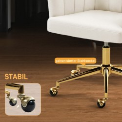 Työtuoli samettimainen verhoilu vaahtotäyte säädettävä korkeus pyörillä teräsjalusta cremevalkoinen