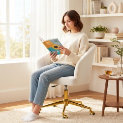 Työtuoli samettimainen verhoilu vaahtotäyte säädettävä korkeus pyörillä teräsjalusta cremevalkoinen