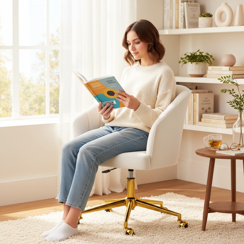 Työtuoli samettimainen verhoilu vaahtotäyte säädettävä korkeus pyörillä teräsjalusta cremevalkoinen