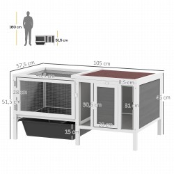 Kanin häkki ja ulkotarha puuta, ramppi ja ulosvedettävä laatikko, 105 x 57,5 x 51,5 cm, harmaa