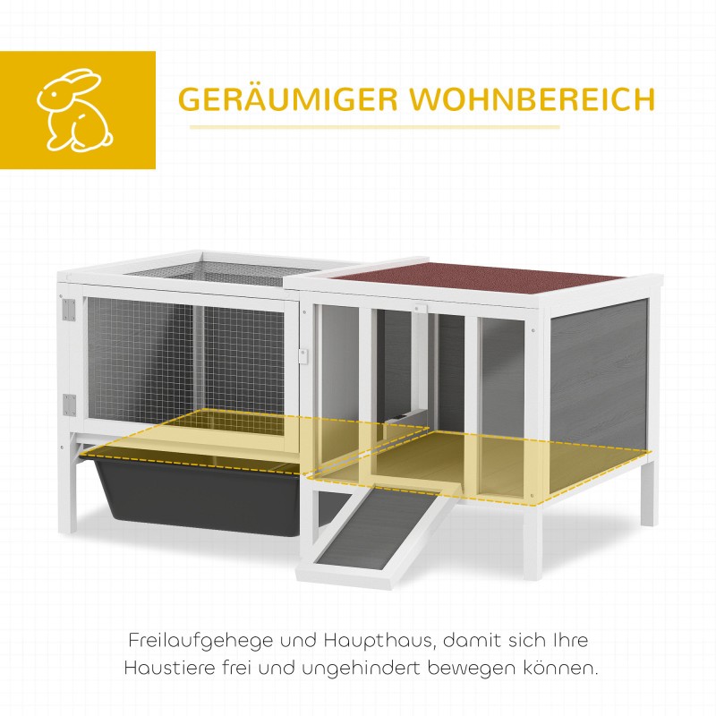 Kanin häkki ja ulkotarha puuta, ramppi ja ulosvedettävä laatikko, 105 x 57,5 x 51,5 cm, harmaa