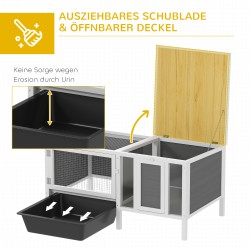 Kanin häkki ja ulkotarha puuta, ramppi ja ulosvedettävä laatikko, 105 x 57,5 x 51,5 cm, harmaa