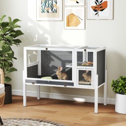 Pieneläinkoti kaneille ja jyrsijöille, puu ja metalli, kaksitasoinen, 120 x 53 x 93 cm, harmaa-valkoinen