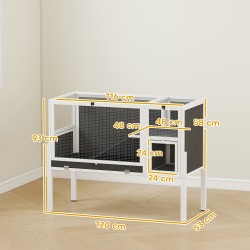 Pieneläinkoti kaneille ja jyrsijöille, puu ja metalli, kaksitasoinen, 120 x 53 x 93 cm, harmaa-valkoinen