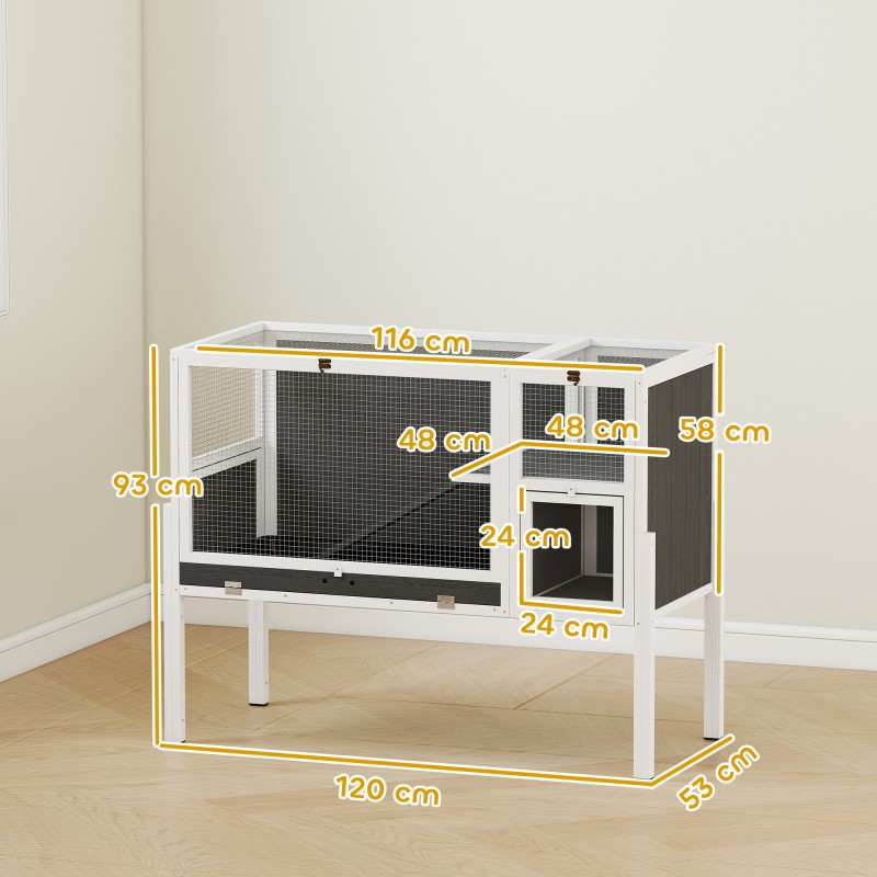 Pieneläinkoti kaneille ja jyrsijöille, puu ja metalli, kaksitasoinen, 120 x 53 x 93 cm, harmaa-valkoinen