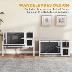 Pieneläinkoti kaneille ja jyrsijöille, puu ja metalli, kaksitasoinen, 120 x 53 x 93 cm, harmaa-valkoinen