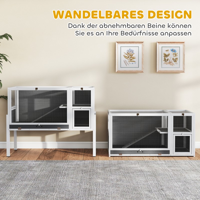 Pieneläinkoti kaneille ja jyrsijöille, puu ja metalli, kaksitasoinen, 120 x 53 x 93 cm, harmaa-valkoinen