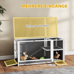 Pieneläinkoti kaneille ja jyrsijöille, puu ja metalli, kaksitasoinen, 120 x 53 x 93 cm, harmaa-valkoinen