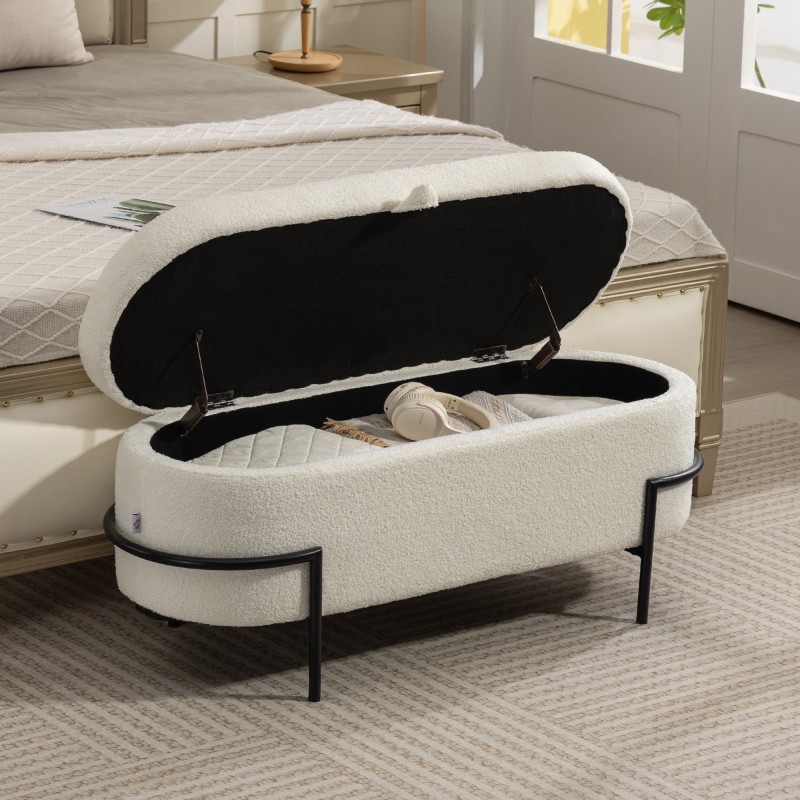 Säilytyspenkki teräsjaloilla, fleece-verhoilu, 114,5 x 40 x 48 cm, 69 l, kermanvalkoinen