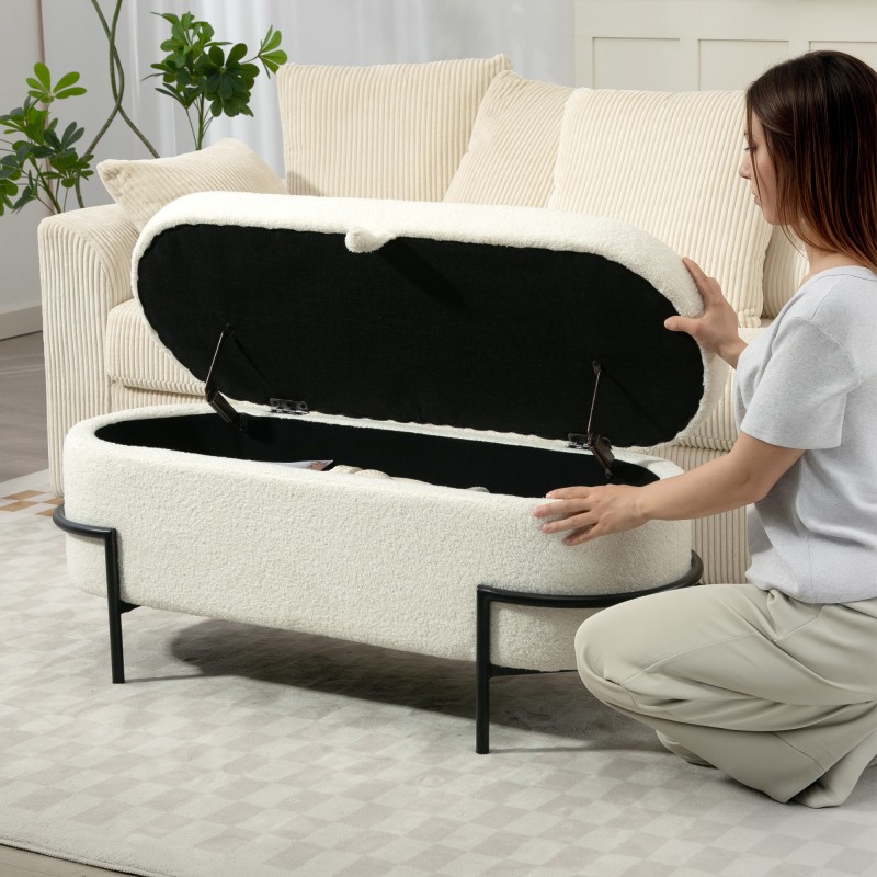 Säilytyspenkki teräsjaloilla, fleece-verhoilu, 114,5 x 40 x 48 cm, 69 l, kermanvalkoinen