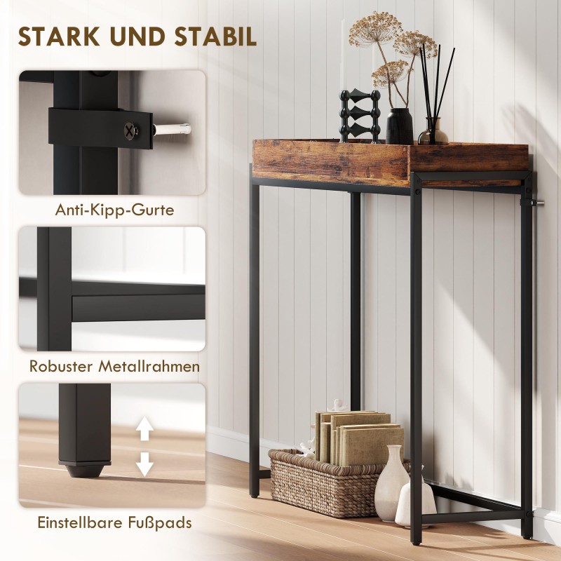 Kapea konsolipöytä eteiseen, metallirunko ja lastulevy, 100 x 30 x 91 cm, rustiikin ruskea/musta
