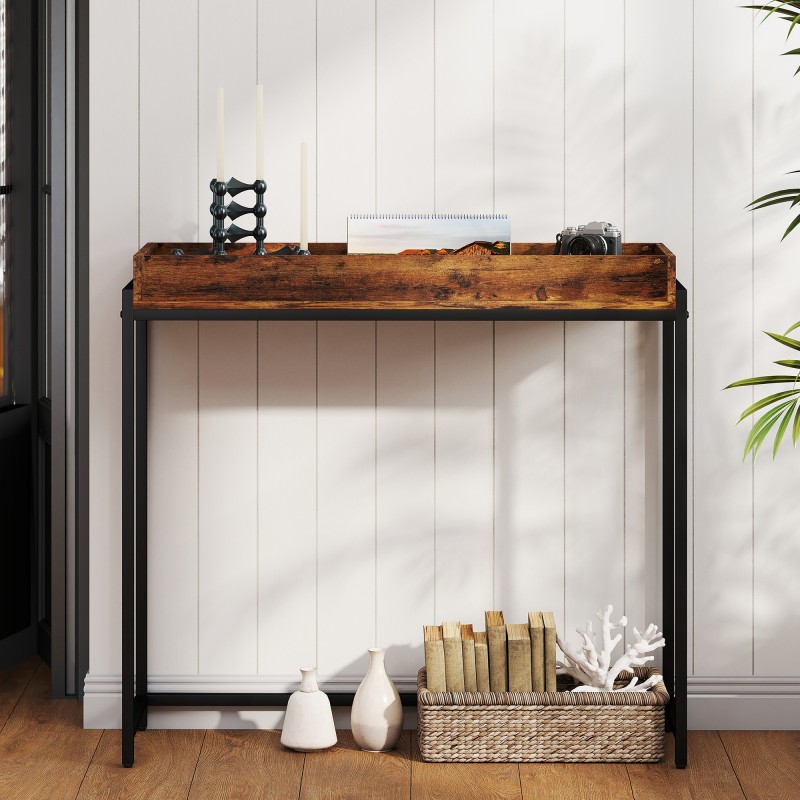 Kapea konsolipöytä eteiseen, metallirunko ja lastulevy, 100 x 30 x 91 cm, rustiikin ruskea/musta