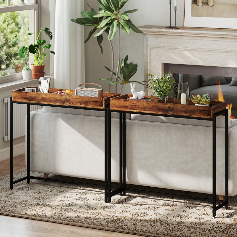 Kapea konsolipöytä eteiseen, metallirunko ja lastulevy, 100 x 30 x 91 cm, rustiikin ruskea/musta