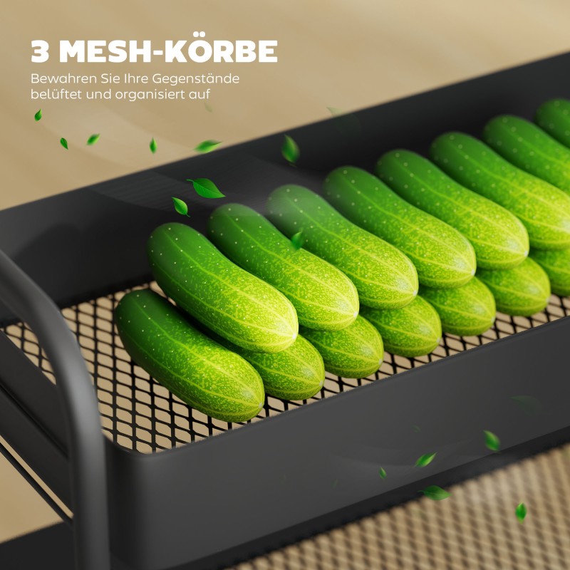 Keittiökärry 3 korilla, metallia, 64,5 x 34 x 87 cm, musta