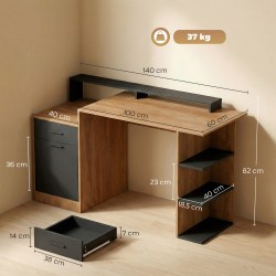 Työpöytä säilytystilalla ja hyllyillä, lastulevy/MDF, 140 x 60 x 82 cm, tammi–musta