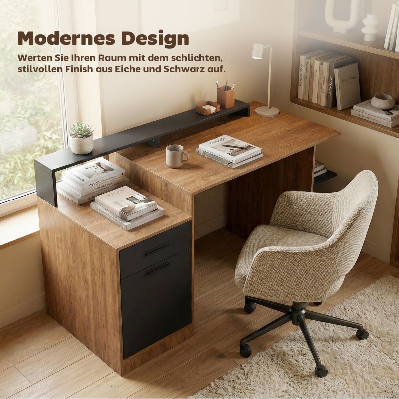 Työpöytä säilytystilalla ja hyllyillä, lastulevy/MDF, 140 x 60 x 82 cm, tammi–musta