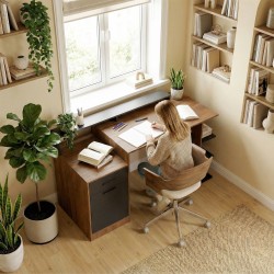 Työpöytä säilytystilalla ja hyllyillä, lastulevy/MDF, 140 x 60 x 82 cm, tammi–musta