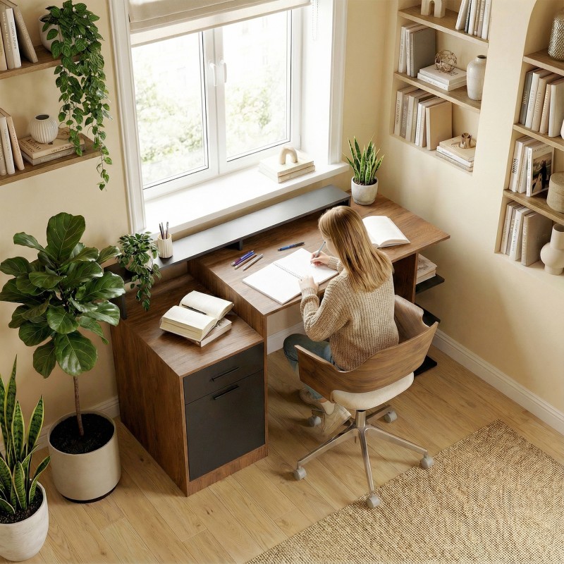 Työpöytä säilytystilalla ja hyllyillä, lastulevy/MDF, 140 x 60 x 82 cm, tammi–musta