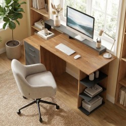 Työpöytä säilytystilalla ja hyllyillä, lastulevy/MDF, 140 x 60 x 82 cm, tammi–musta