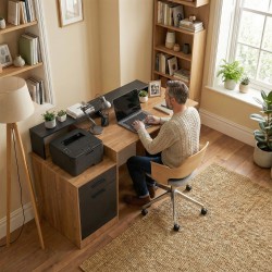 Työpöytä säilytystilalla ja hyllyillä, lastulevy/MDF, 140 x 60 x 82 cm, tammi–musta