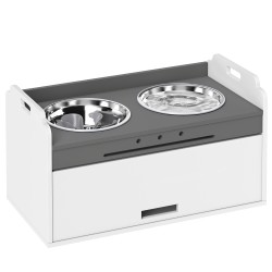 Koiran korotettu ruokintapiste säilytyskaapilla 2 teräskulhoa MDF 60 x 30 x 35 5 cm valkoinen